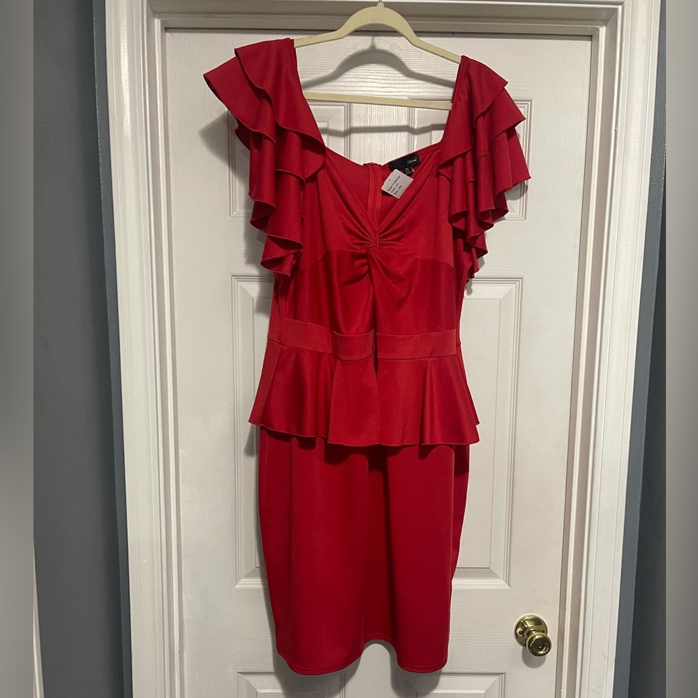 Red dress with ruffle sleeves and peplum